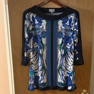 JM Collection Blue and Black Floral Blouse with Keyhole Sleeves Large